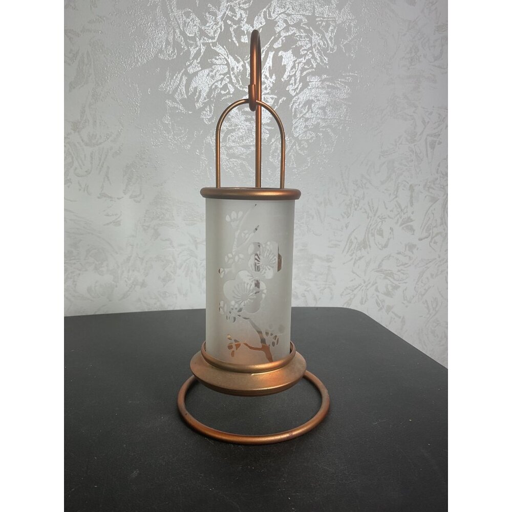 Vintage Copper Hanging Lantern With Frosted Glass & Floral Design